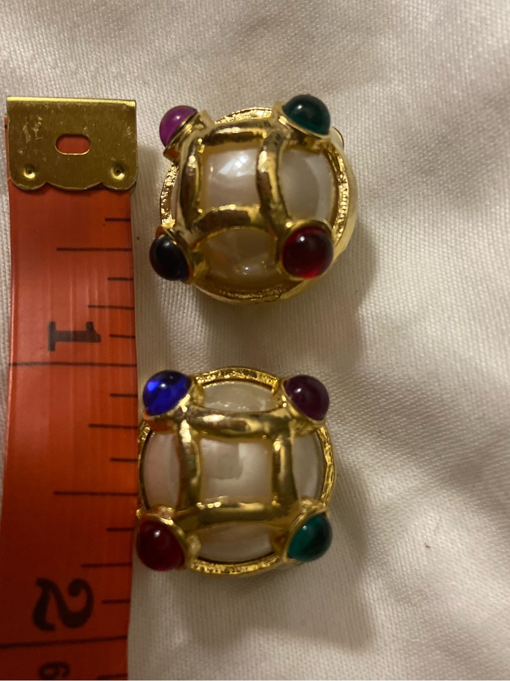 Gold-Tone Multi-Gem Button Clip On Earrings with Pearlized Center
